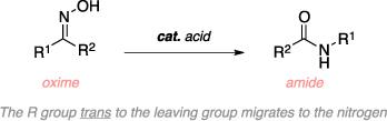 Schematic of the Beckmann rearrangement. Reagents: oxime, acid catalyst. Product: amide. Comments: The R group trans to the leaving group migrates to the nitrogen.