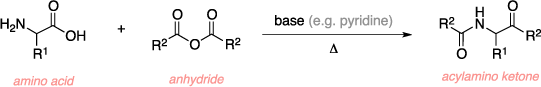 Schematic of the Dakin-West reaction. Reagents: amino acid, anhydride, base (pyridine), heat. Product: acylamino ketone.