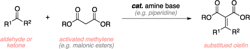 Schematic of the Knoevenagel condensation. Reagents: aldehyde, ketone, activated methylene (malonic esters), amine base catalyst (piperidine). Product: substituted olefin.