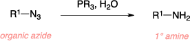 Schematic of the Staudinger reaction. Reagents: organic azide, PPh3, water. Product: primary amine.
